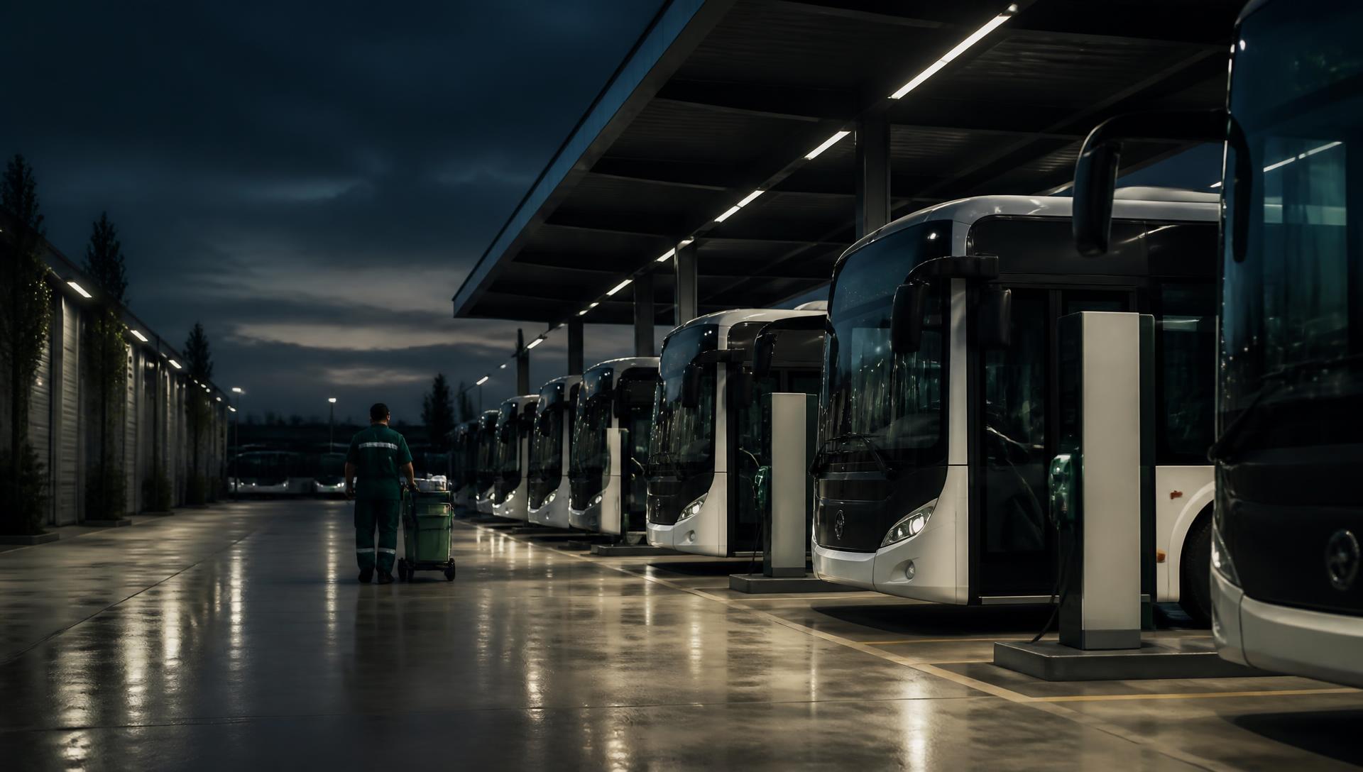 Modern Europees busdepot met schone voertuigen in de avond
